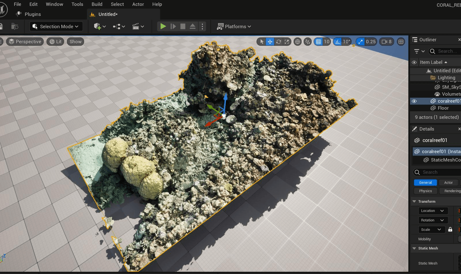 3D wireframe point-cloud mesh rendering of the same reef structure